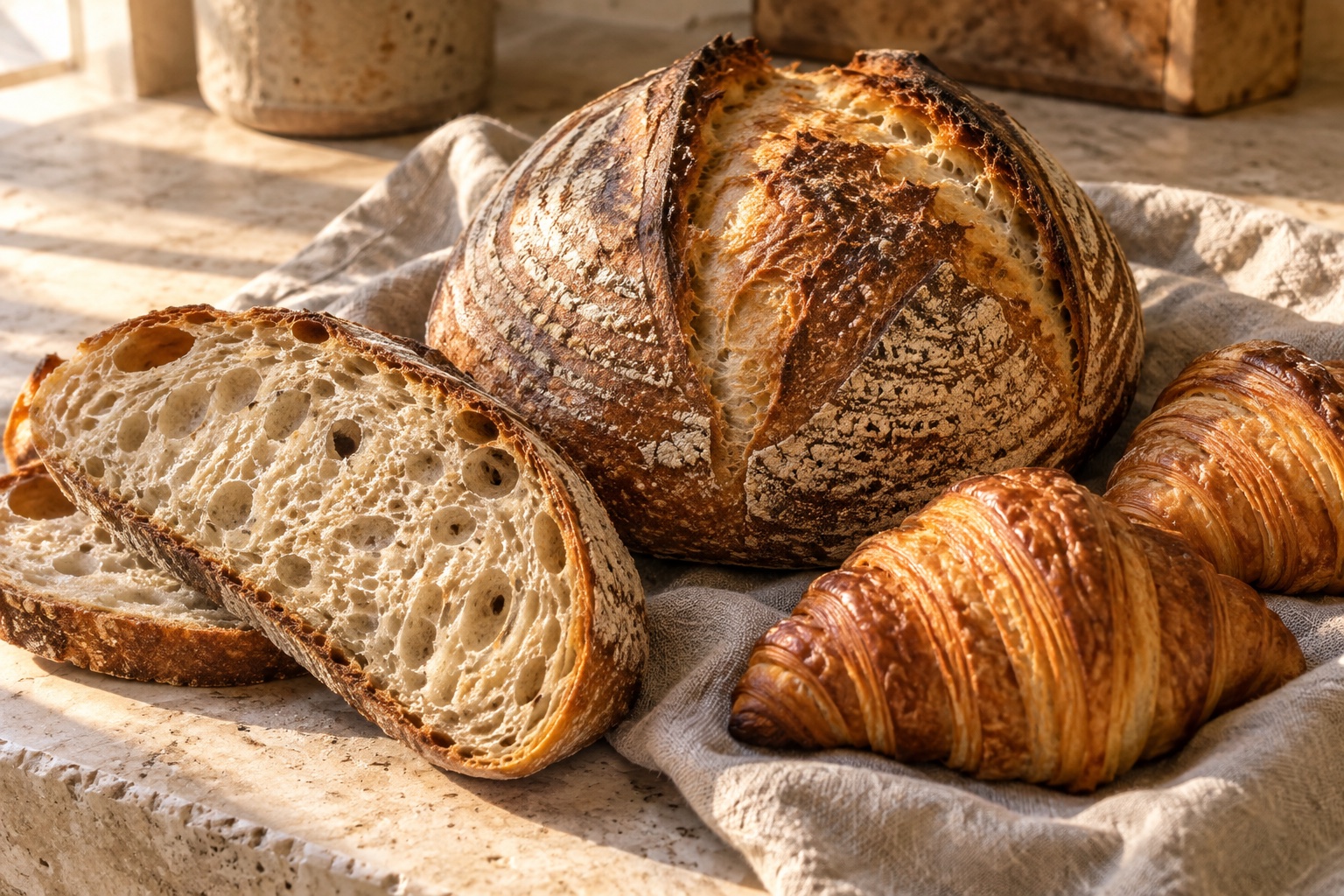 Golden sourdough, open-crumb bread slices and butter croissants in warm morning sunlight
